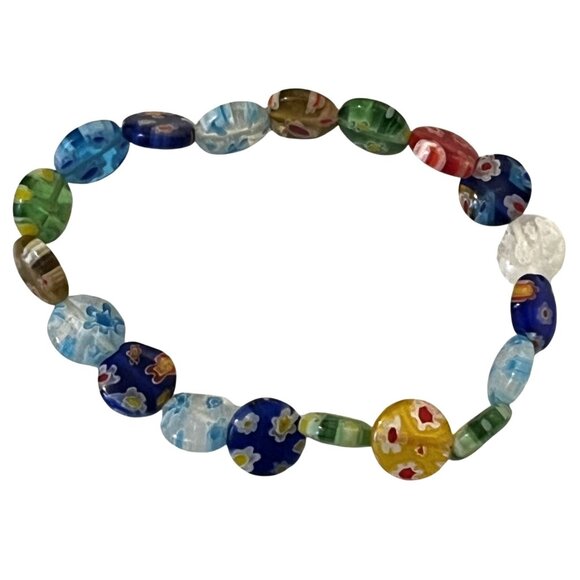 Handmade Millefiori Glass Bead Stretch Bracelet With Multicolor Floral Design - Picture 4 of 8